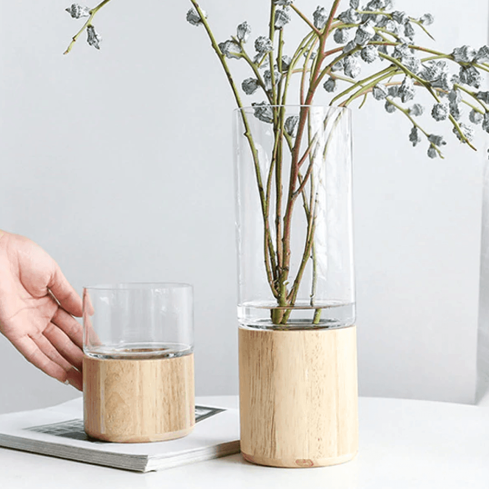 Serenity Wood Base Glass Vases