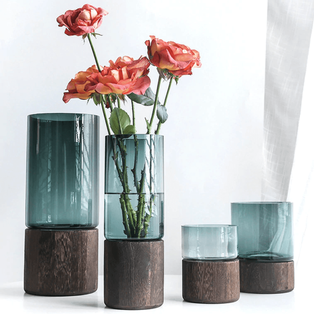 Serenity Wood Base Glass Vases