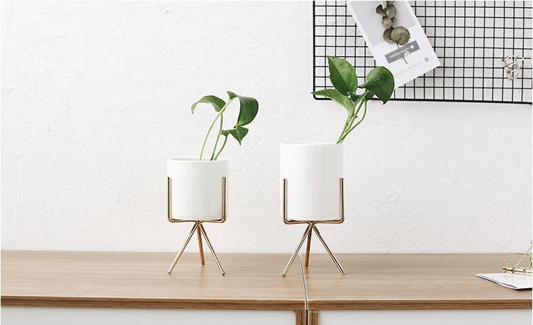 Short Tabletop Ceramic Planter with Geometric Metal Stand